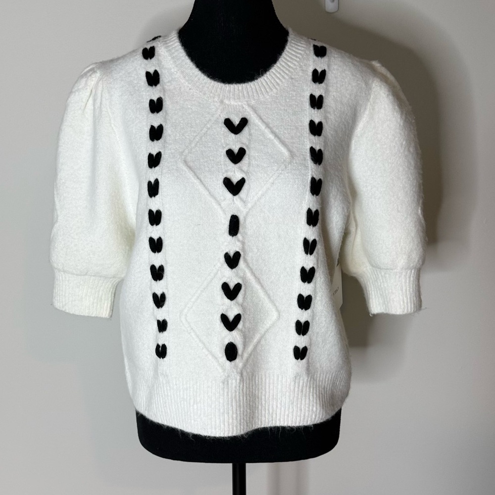 ELLEN TRACY New Puff Short Sleeve White Black Heart Crop Knit Sweater Sz Large - Picture 4 of 11